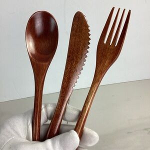 4 Portable Wooden Cutlery Sets Spoon Fork Knife Wood Flatware Dinnerware